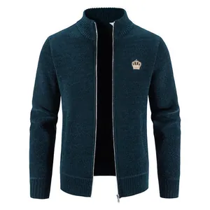 Men's Knitted Cardigan Jacket Fleece Lined Stand Collar Full Zip Embroidered Crown Autumn Winter Outerwear Cotton Blend Sweater Coat