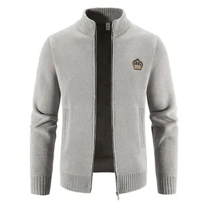 Men's stylish gray knitted zip-up cardigan jacket with warm fleece lining and chest crest