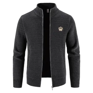 Men's dark grey zip-up knit cardigan with crown embroidery