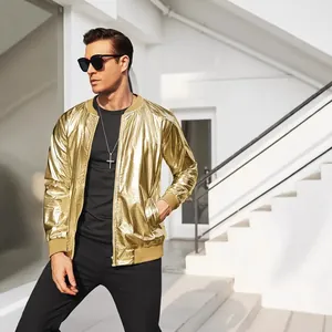Chaqueta Metálica Brillante Hombre Retro Disco Fiesta Años 70 Bomber Poliéster Cremallera Cuello Alzado Ribete Acanalado