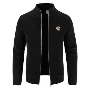 Classic black men's knit cardigan sweater jacket with fleece lining and crown patch