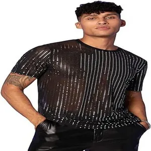 Camiseta de malla negra para hombre con lentejuelas plateadas para actuaciones disco de los 70.