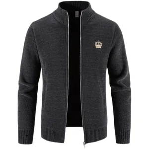 Men's dark grey knitted zip-up cardigan jacket with fleece lining and crown detail.