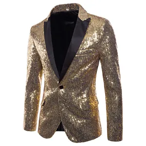 Vooraanzicht detail van een gouden pailletten blazer voor heren met zwarte revers