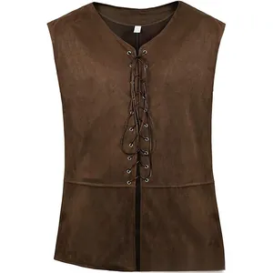 Gilet à lacets médiéval Renaissance pirate steampunk pour homme en imitation daim marron fini