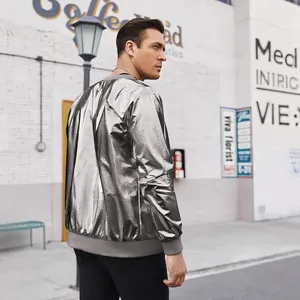 Chaqueta bomber plateada metalizada para hombre, ideal para fiestas disco y Navidad