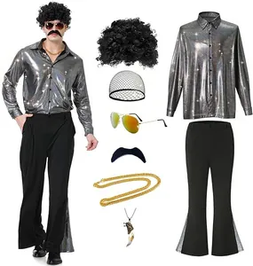 Set costume disco anni '70 da uomo con camicia, pantaloni a zampa, parrucca e accessori
