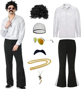 Set completo costume disco anni 70 per uomo con camicia, pantaloni a zampa e accessori