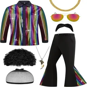 Set costume disco anni '70 da uomo completo con camicia arcobaleno e pantaloni a zampa.