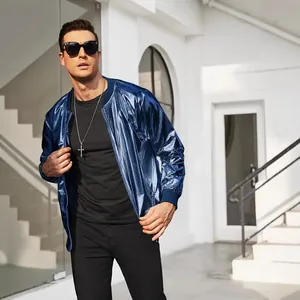 Chaqueta bomber azul metalizada para hombre, estilo disco de los años 70 brillante.