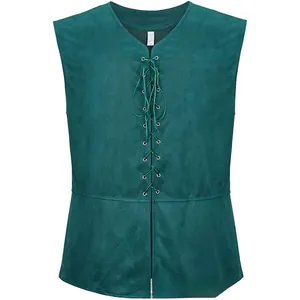 Gilet vintage médiéval de la Renaissance pour hommes en daim vert avec laçage style pirate