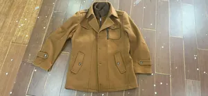 Detail of camel wool coat with double collar design for men's winter business fashion