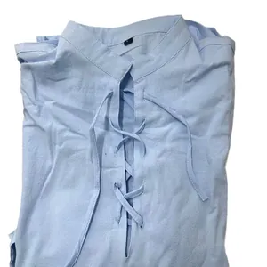 Men's light blue cotton linen Henley shirt with lace-up stand collar casual design
