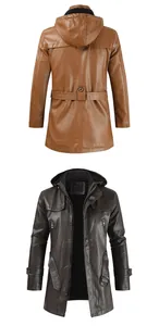 Dettaglio fronte e retro di un elegante trench da uomo slim fit in pelle PU con cappuccio