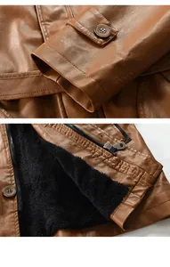 Dettaglio della giacca in pelle PU marrone con fodera in pile nero e bottone sul polsino.