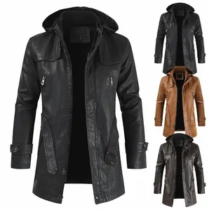 Giacca Casual da Uomo in Pelle PU di Media Lunghezza Con Cappuccio Cappotto in Pelle Artificiale alla Moda Uomo
