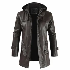 Trench da uomo medio-lungo con cappuccio in pelle PU di colore marrone scuro intenso