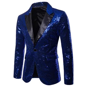 Koningsblauwe blazer voor heren met pailletten en zwarte revers voor optredens