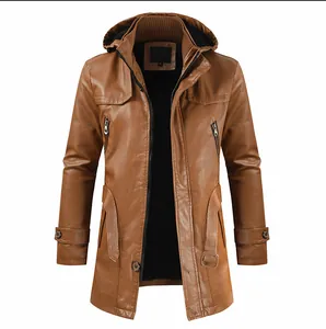 Cappotto lungo da uomo in pelle PU con cappuccio e fodera in caldo pile colore marrone scuro