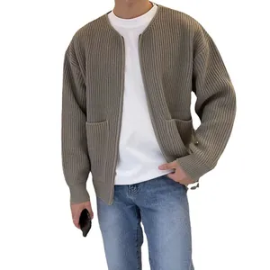 Loose men's ribbed knit cardigan sweater in solid grey khaki style for autumn winter