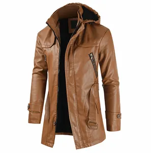 Elegante giacca lunga da uomo in pelle PU marrone con cappuccio e cintura inclusa.