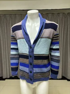 Detailed view of men's striped knit cardigan with shawl collar and button front