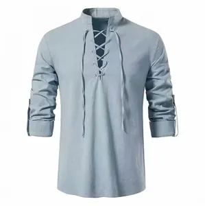 Casual men's light blue cotton linen Henley shirt with long sleeves and lace-up stand collar