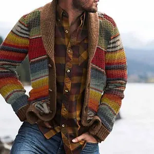 Detailed view of a multi-colored striped shawl collar knitted cardigan for men