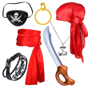 Set completo costume da pirata con bandana rossa, benda e spada gonfiabile