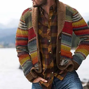 Detailed close-up showing the rich texture of men's color-blocked knit cardigan jacket