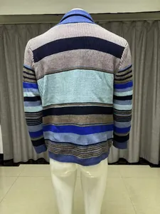 Detailed rear view of men's loose fit knit cardigan featuring blue horizontal stripes
