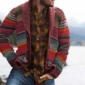 Detail view of cozy men's multi-color patchwork knit cardigan with shawl collar