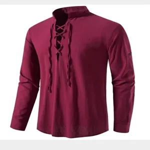 Men's Casual Cotton Blend Long Sleeve Stand Collar Lace Up Henley Shirt Beach Hippie Solid Color Breathable Top