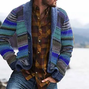 Detail view of men's chunky knit shawl collar cardigan with vintage patchwork colors.