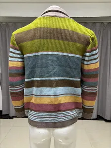 Detailed back view of a men's multi-colored striped knit cardigan with ribbed texture
