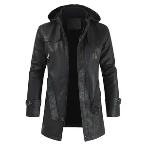Veste à capuche mi-longue en simili cuir noir pour homme avec poches zippées et détails