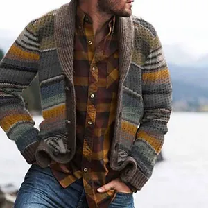 Men's vintage color-block knitted cardigan with lapel collar and ethnic pattern detail