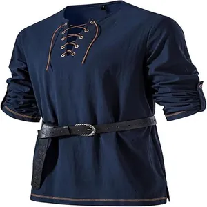 Navy blue medieval lace-up shirt detail with textured fabric and leather-look belt