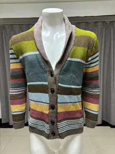 Detailed view of a multi-colored striped knit cardigan featuring a shawl collar and buttons