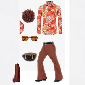 Set Costume Disco Retro Anni Settanta da Uomo Camicia Floreale in Poliestere Pantaloni a Zampa Con Parrucca Occhiali da Sole Cintura