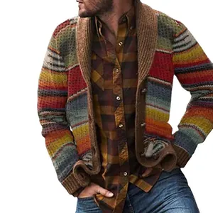 Men's Vintage Striped Patchwork Knit Cardigan Shawl Collar Button Up Polyester Printed Casual Long Sleeve Warm Top