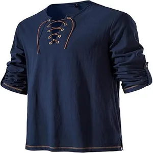 Navy blue men's lace-up Henley shirt with long sleeves and casual hippie beach style.