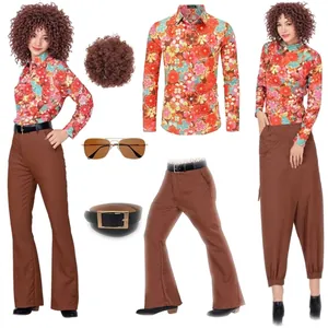 Set costume disco anni '70 da uomo con camicia floreale, pantaloni e parrucca riccia