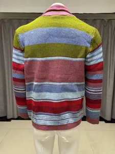 Rear view of a colorful striped knit cardigan showing the ribbed texture and pattern