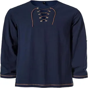 Front detail of men's navy blue long sleeve casual hippie lace-up Henley shirt