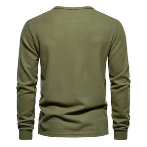Back view of mens army green waffle knit long sleeve shirt showing fabric texture