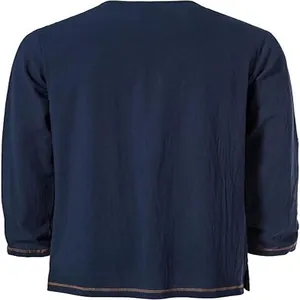 Back view of a navy blue long-sleeved Henley shirt with textured cotton-linen fabric