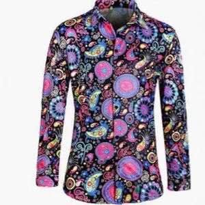 Men's 70s retro disco shirt with vibrant paisley floral pattern for stage performance
