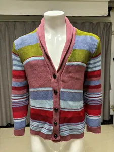 Detail of a men's multi-colored striped knit cardigan with a classic shawl collar and buttons.