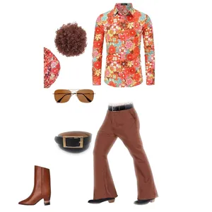 Set costume da discoteca anni '70 per uomo con camicia floreale e pantaloni a zampa